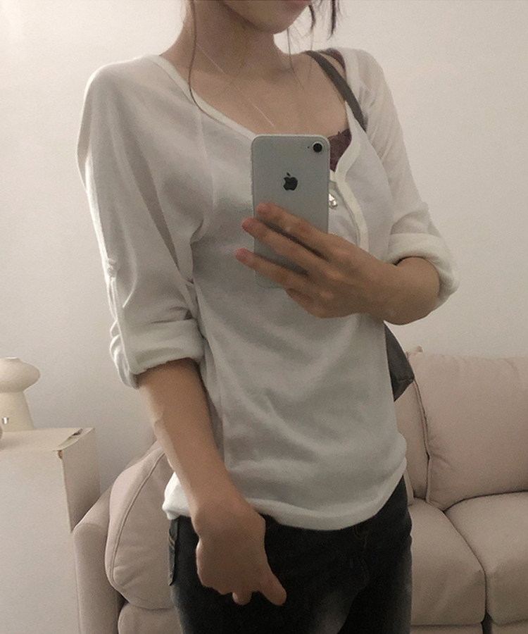 ヘンリーロールアップ七分袖Tシャツ(6color) WHITE