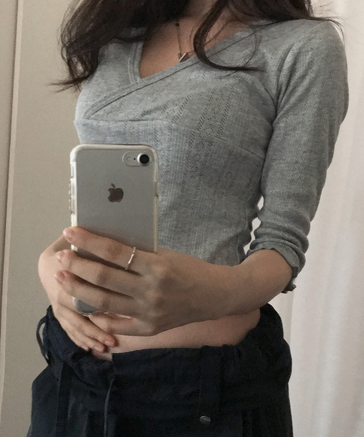 パンチングラップVネック七分袖Tシャツ GREY