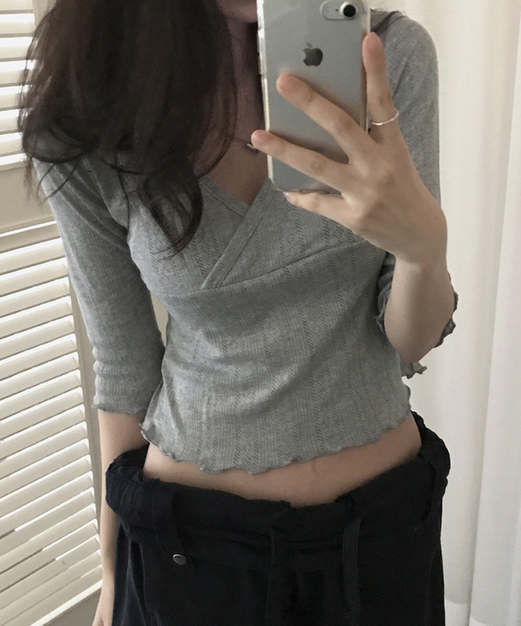パンチングラップVネック七分袖Tシャツ GREY