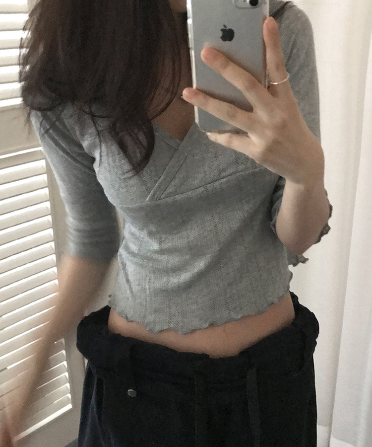 パンチングラップVネック七分袖Tシャツ GREY