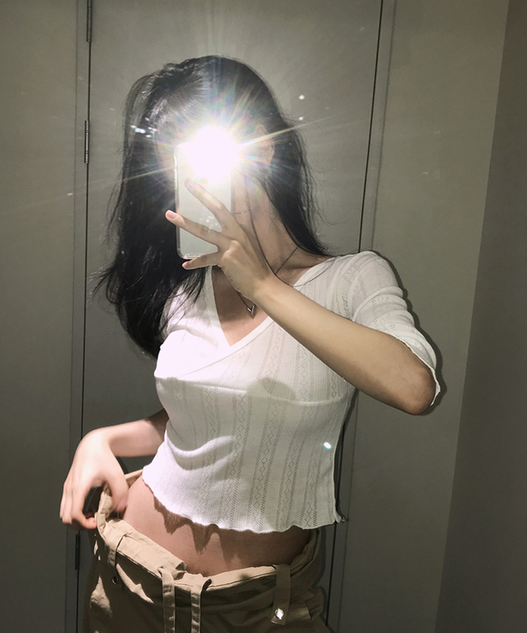 パンチングラップVネック七分袖Tシャツ IVORY