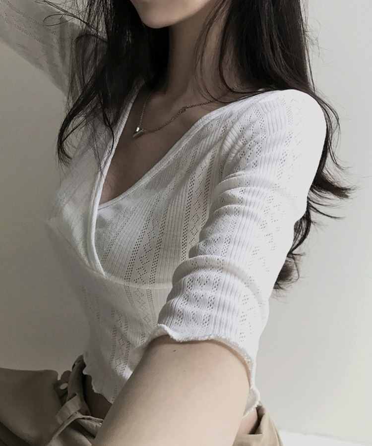 パンチングラップVネック七分袖Tシャツ IVORY
