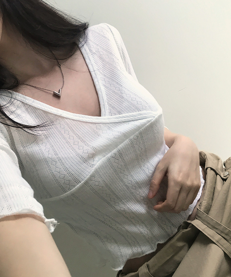 パンチングラップVネック七分袖Tシャツ IVORY