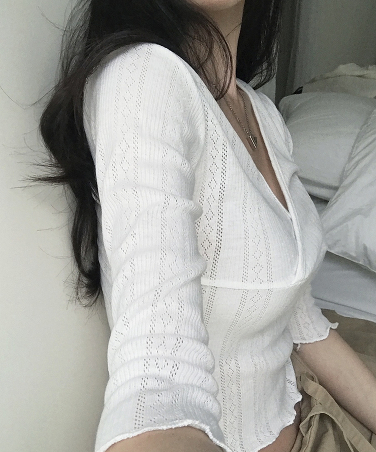 パンチングラップVネック七分袖Tシャツ IVORY