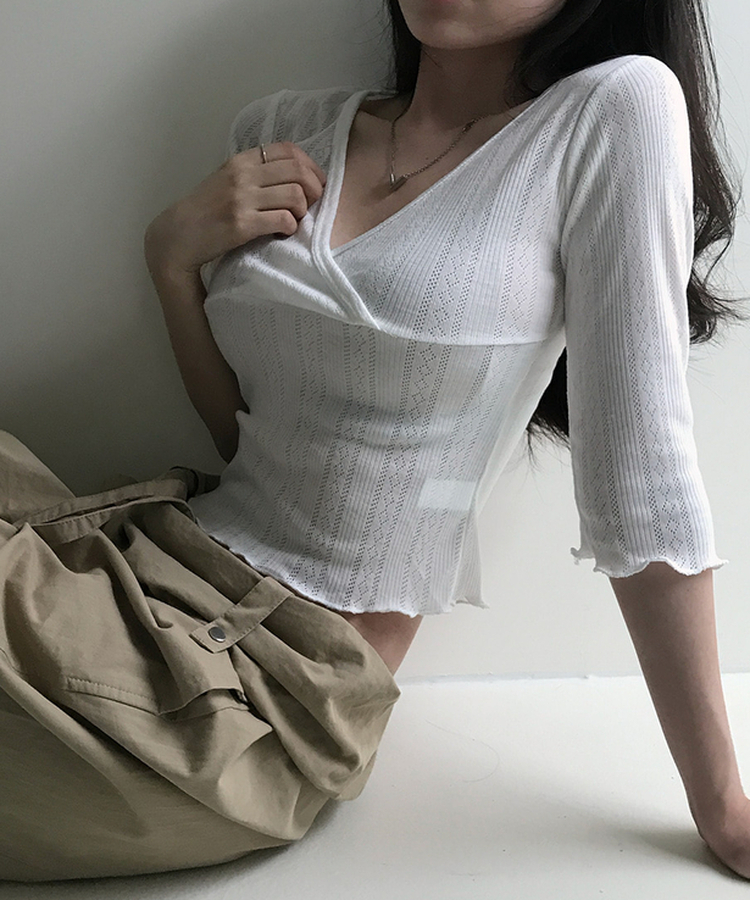 パンチングラップVネック七分袖Tシャツ IVORY