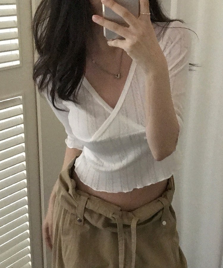 パンチングラップVネック七分袖Tシャツ IVORY
