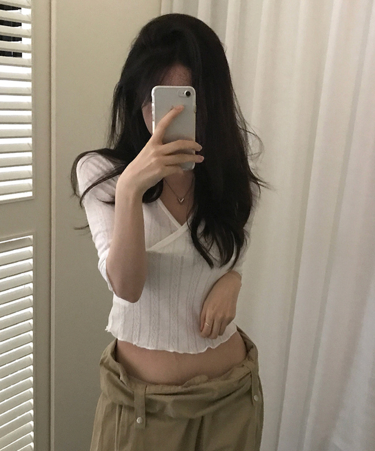 パンチングラップVネック七分袖Tシャツ IVORY