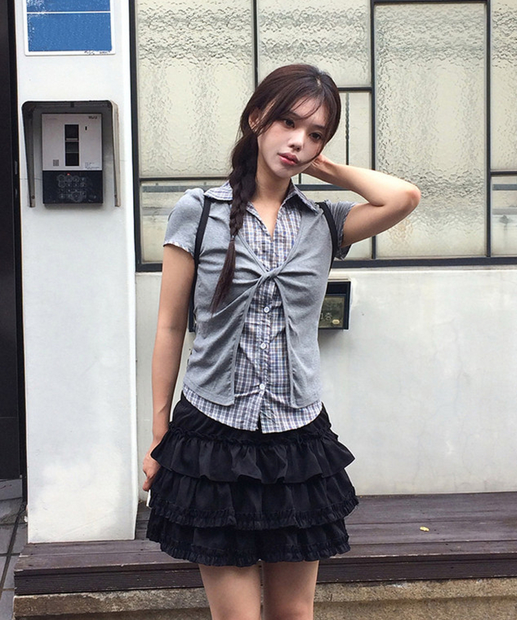 フリルティアードバンディングミニスカート BLACK