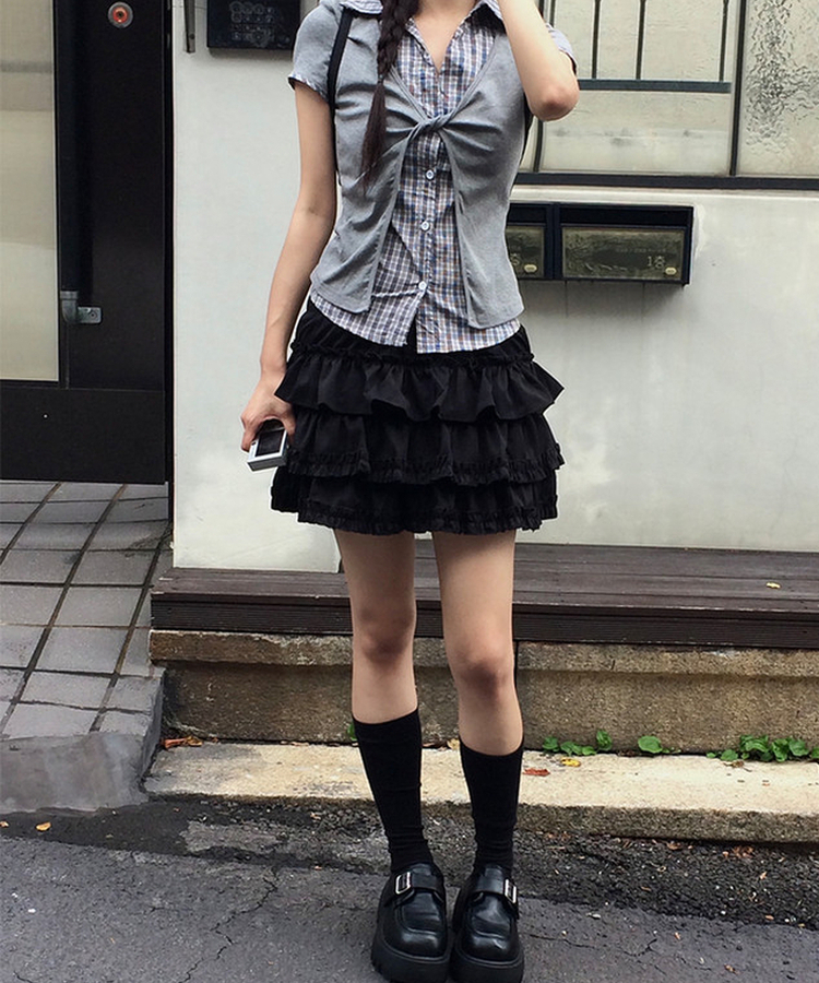 フリルティアードバンディングミニスカート BLACK