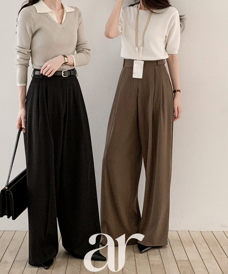 (韓国製)（国内製作）（S-3XL/ショート&ロング）2丈 ツーピンタック ワイド 秋スラックス BLACK