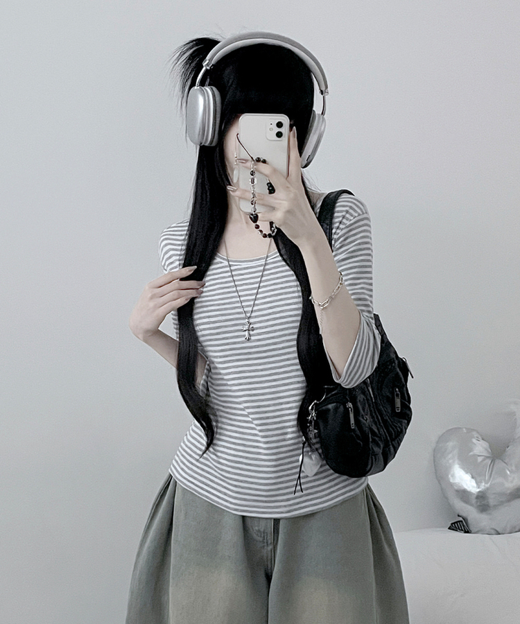ボーダーUネック七分袖Tシャツ GRAY