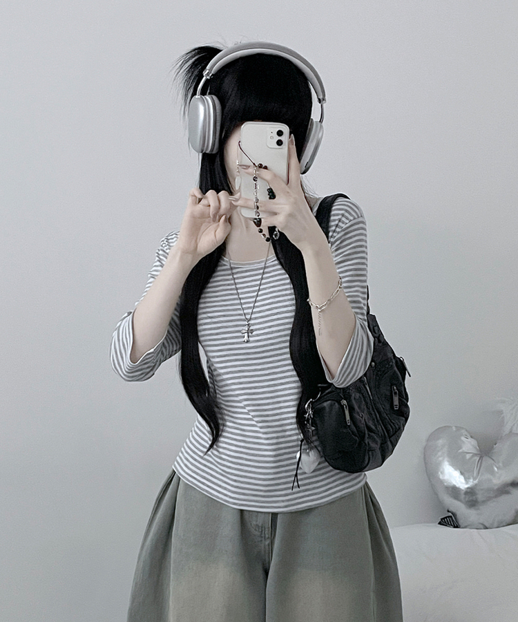 ボーダーUネック七分袖Tシャツ GRAY