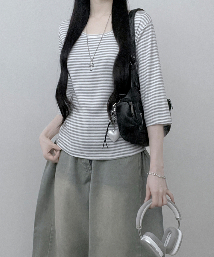 ボーダーUネック七分袖Tシャツ GRAY
