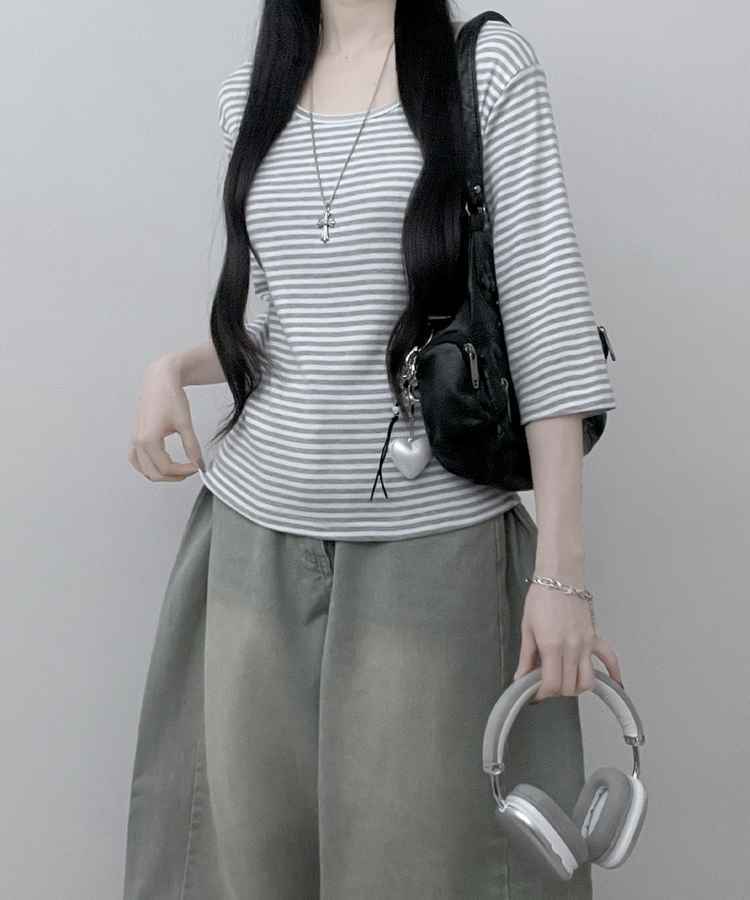 ボーダーUネック七分袖Tシャツ GRAY