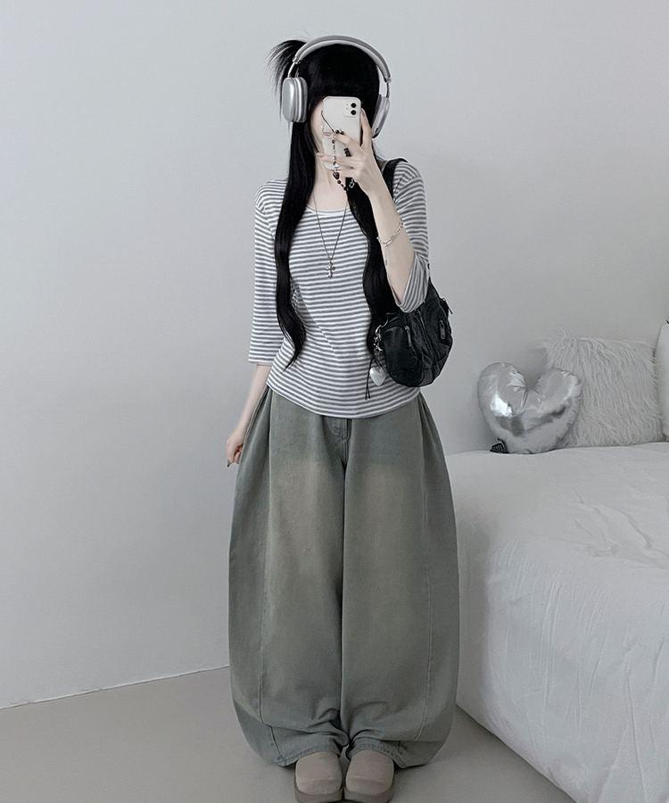 ボーダーUネック七分袖Tシャツ GRAY