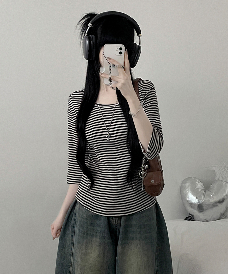 ボーダーUネック七分袖Tシャツ CHESTNUT BROWN
