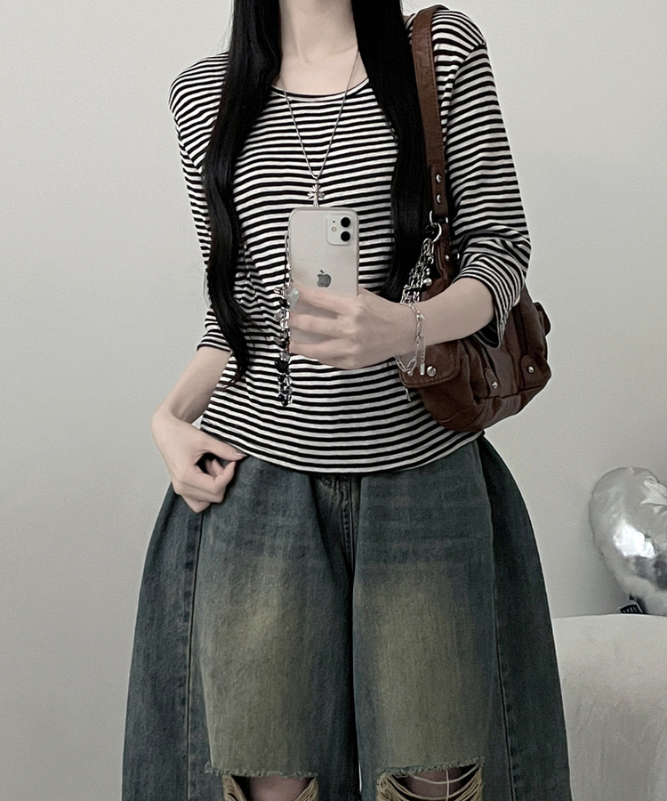 ボーダーUネック七分袖Tシャツ CHESTNUT BROWN