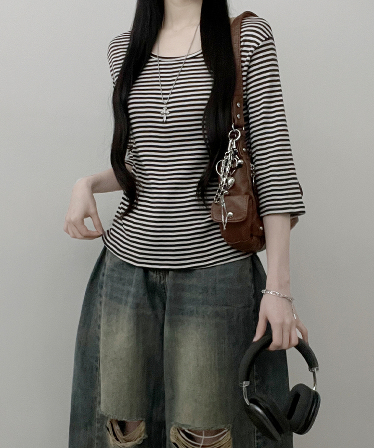 ボーダーUネック七分袖Tシャツ CHESTNUT BROWN