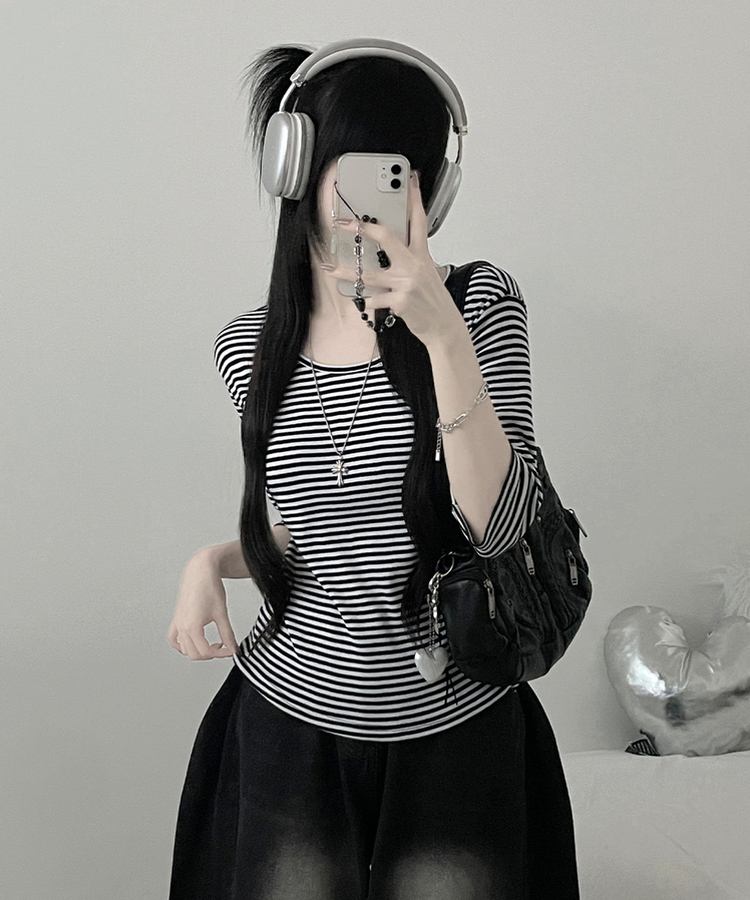 ボーダーUネック七分袖Tシャツ BLACK