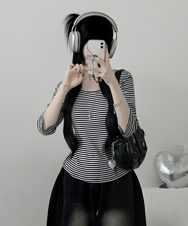 ボーダーUネック七分袖Tシャツ BLACK