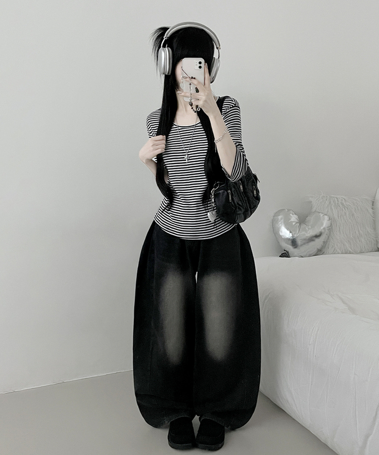 ボーダーUネック七分袖Tシャツ BLACK