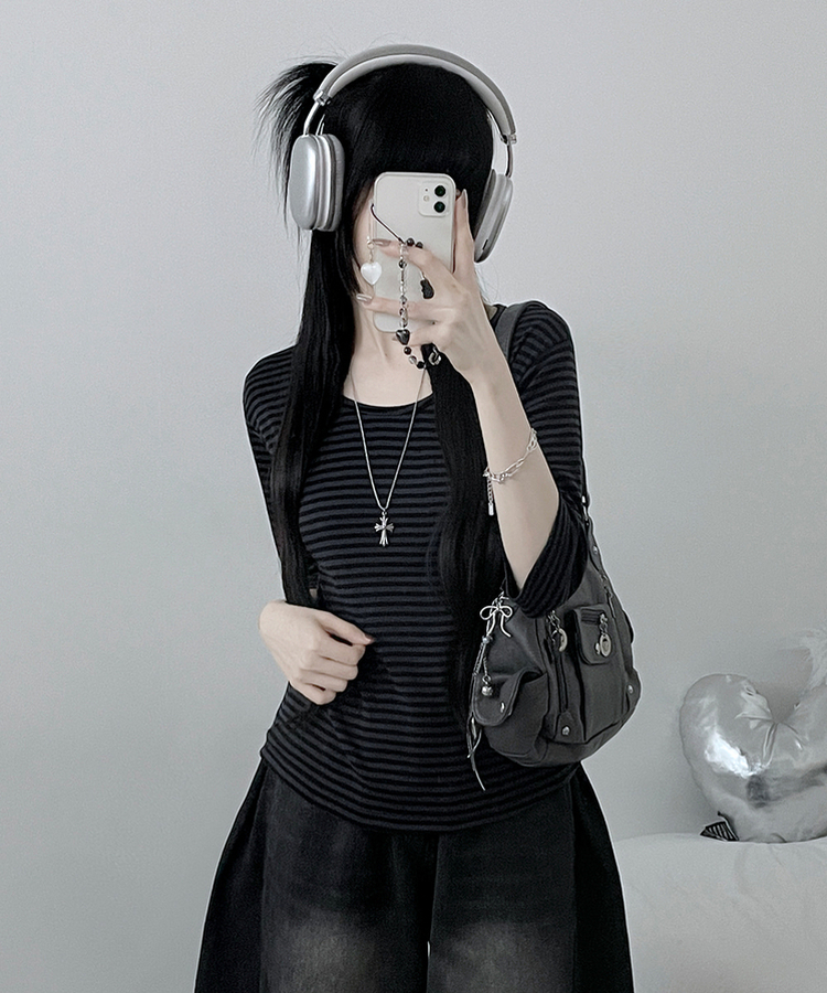 ボーダーUネック七分袖Tシャツ CHARCOAL