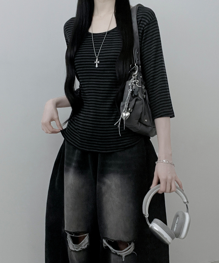 ボーダーUネック七分袖Tシャツ CHARCOAL