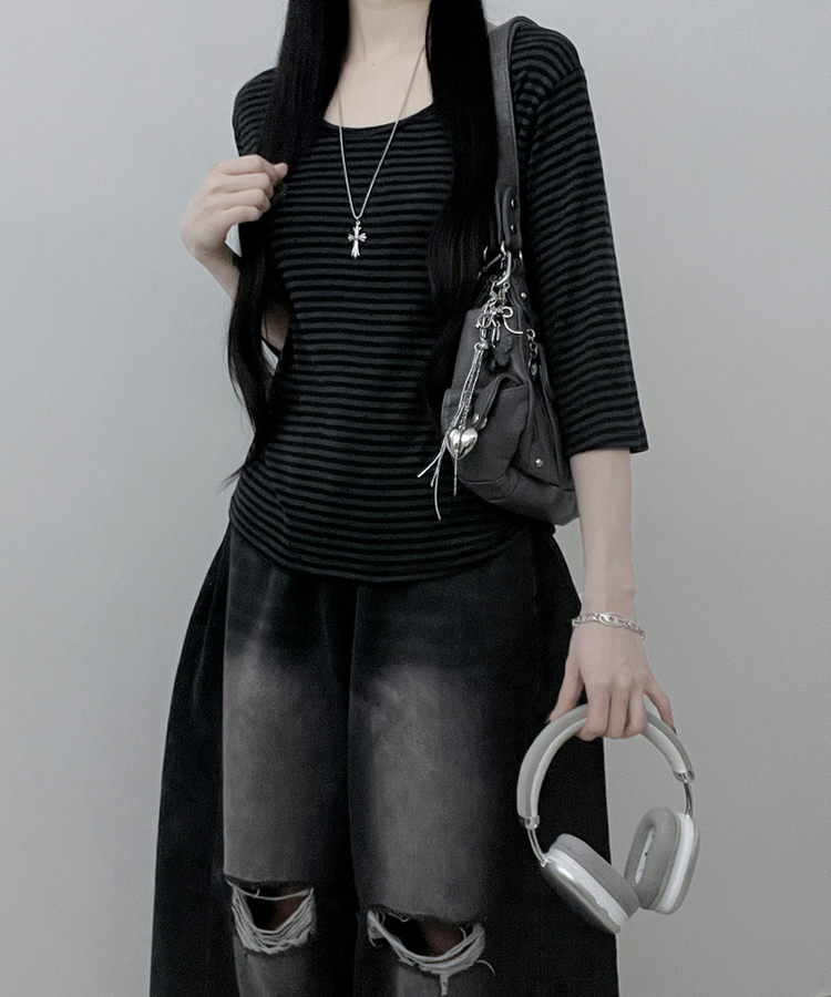 ボーダーUネック七分袖Tシャツ CHARCOAL