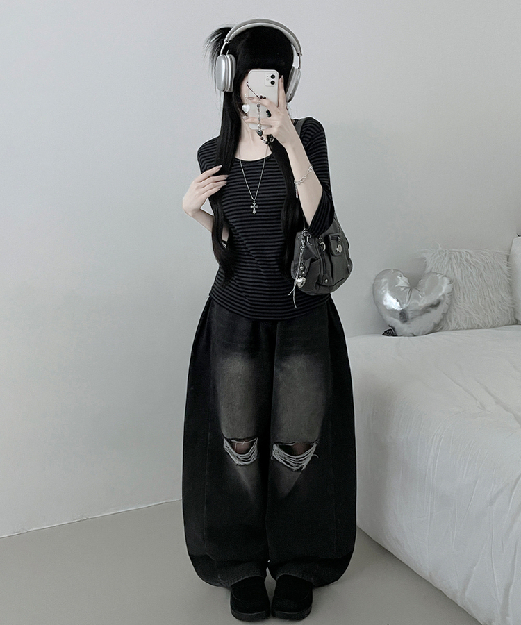 ボーダーUネック七分袖Tシャツ CHARCOAL