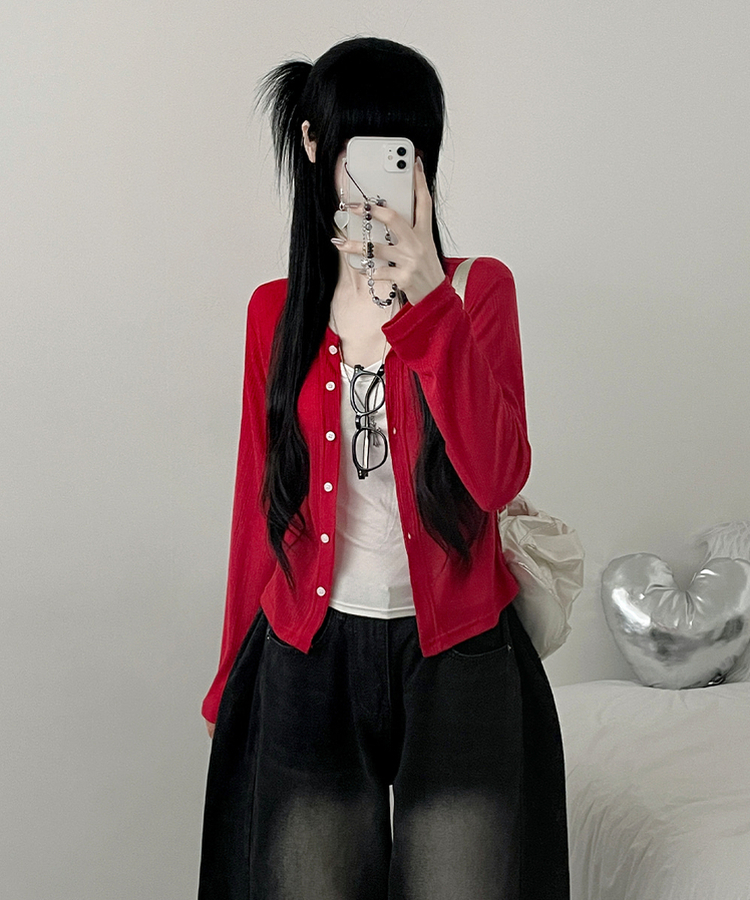 シアーセミクロップドカーディガン RED