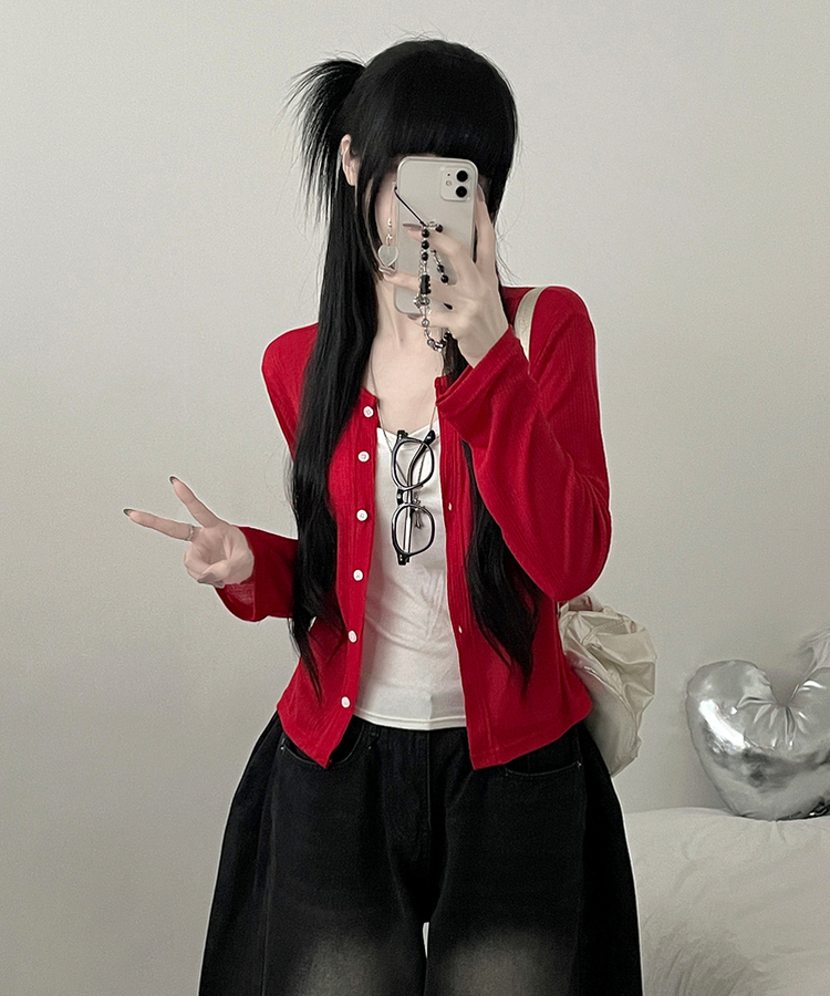 シアーセミクロップドカーディガン RED