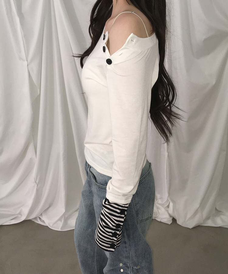 アシメボタンボーダースリム長袖Tシャツ IVORY