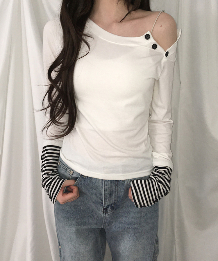 アシメボタンボーダースリム長袖Tシャツ IVORY