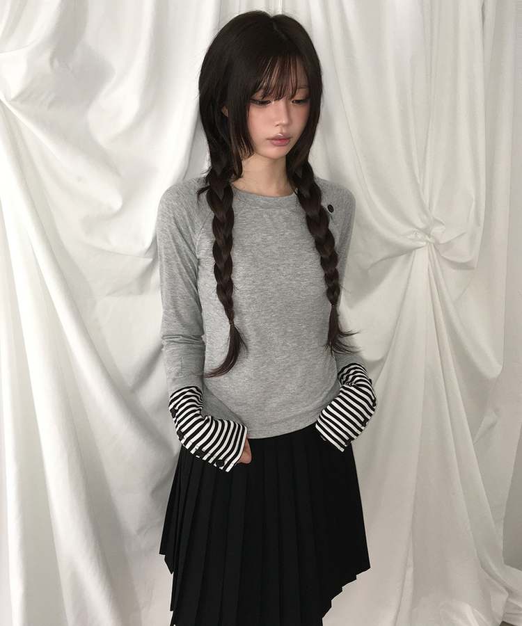 アシメボタンボーダースリム長袖Tシャツ GREY