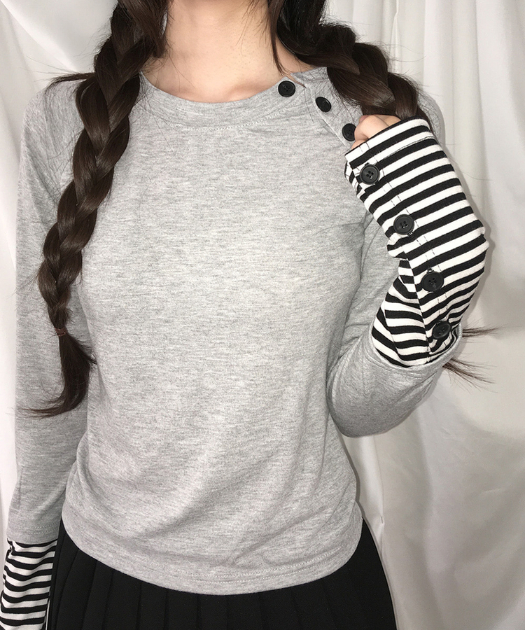 アシメボタンボーダースリム長袖Tシャツ GREY