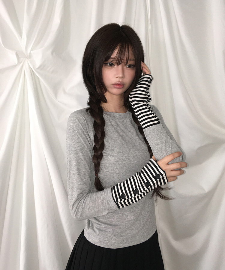 アシメボタンボーダースリム長袖Tシャツ GREY