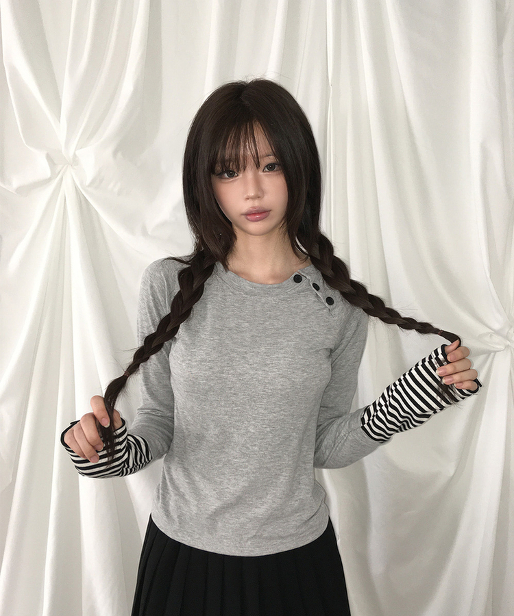 アシメボタンボーダースリム長袖Tシャツ GREY