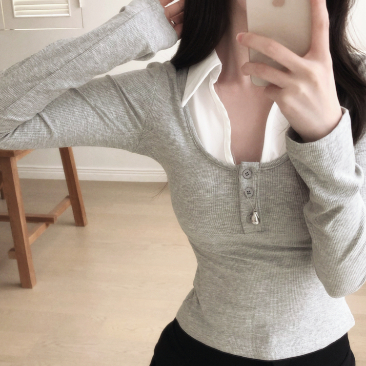 レイヤードヘンリーネックリブ長袖Tシャツ GREY