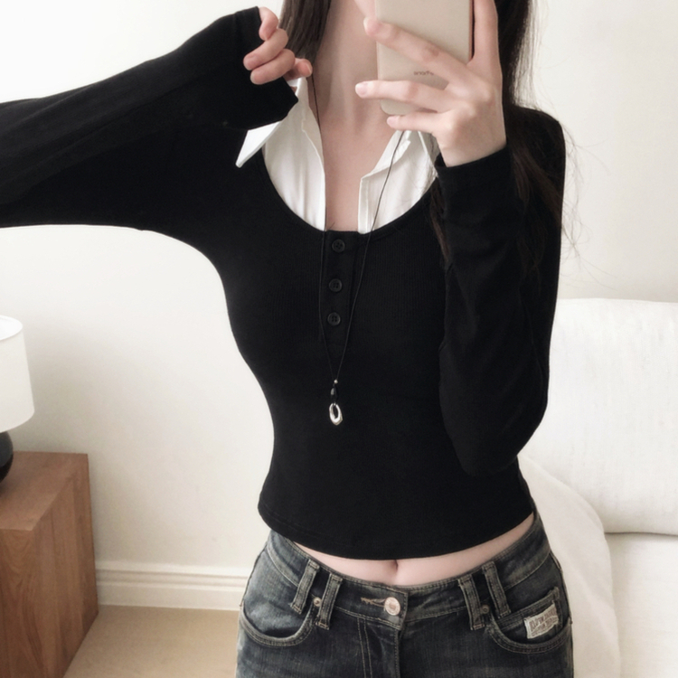 レイヤードヘンリーネックリブ長袖Tシャツ BLACK