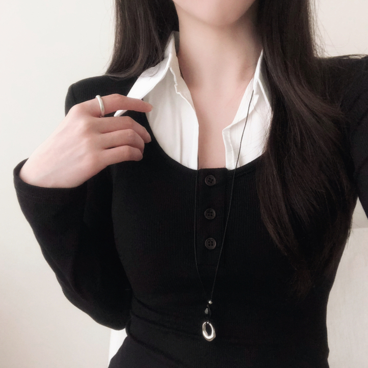 レイヤードヘンリーネックリブ長袖Tシャツ BLACK