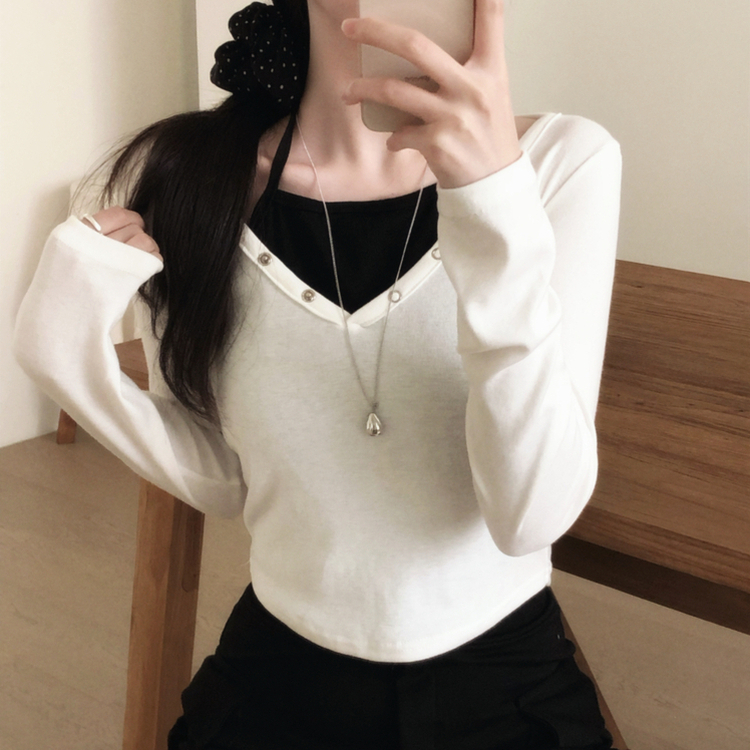 レイヤード二重ホルター長袖Tシャツ WHITE