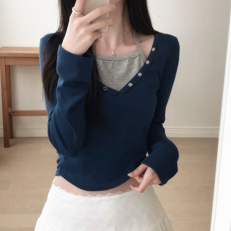 レイヤード二重ホルター長袖Tシャツ NAVY