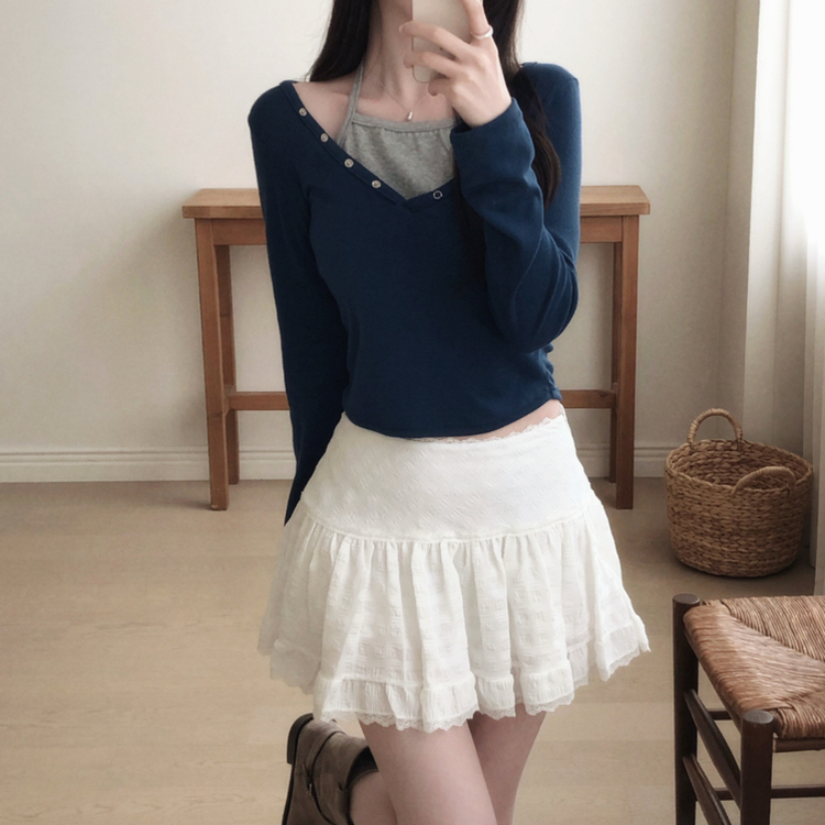 レイヤード二重ホルター長袖Tシャツ NAVY