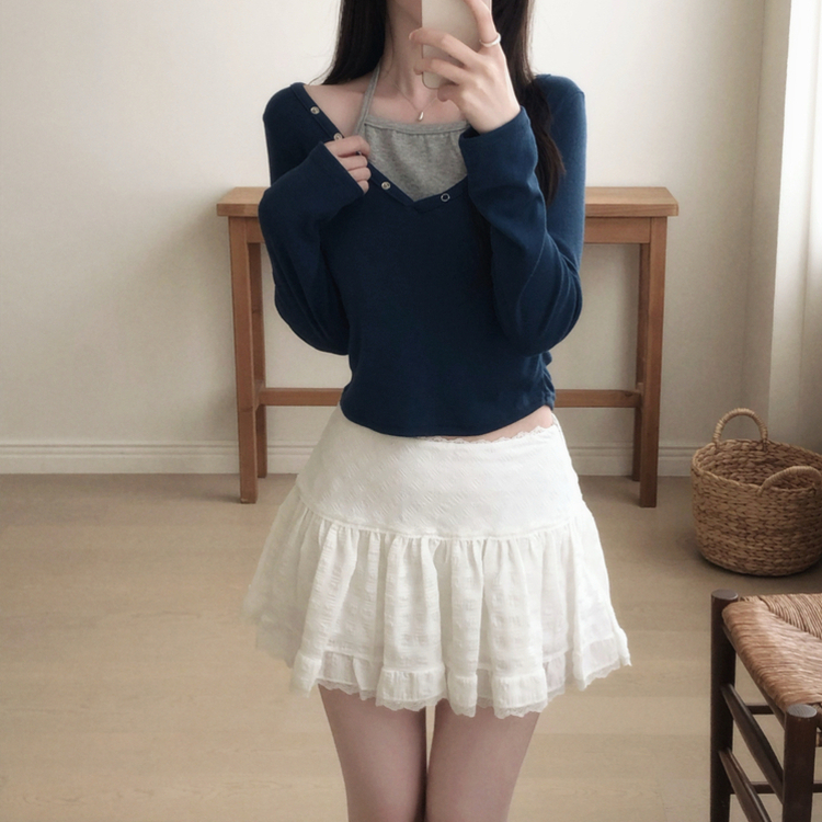 レイヤード二重ホルター長袖Tシャツ NAVY