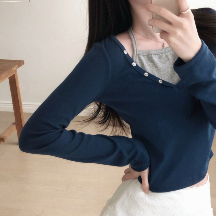 レイヤード二重ホルター長袖Tシャツ NAVY