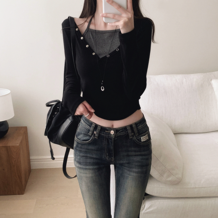 レイヤード二重ホルター長袖Tシャツ BLACK