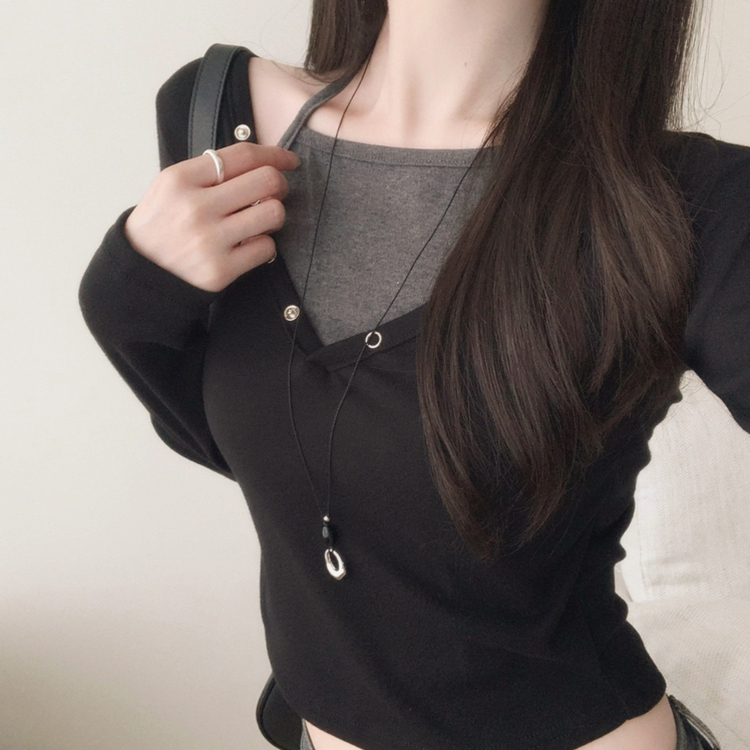 レイヤード二重ホルター長袖Tシャツ BLACK