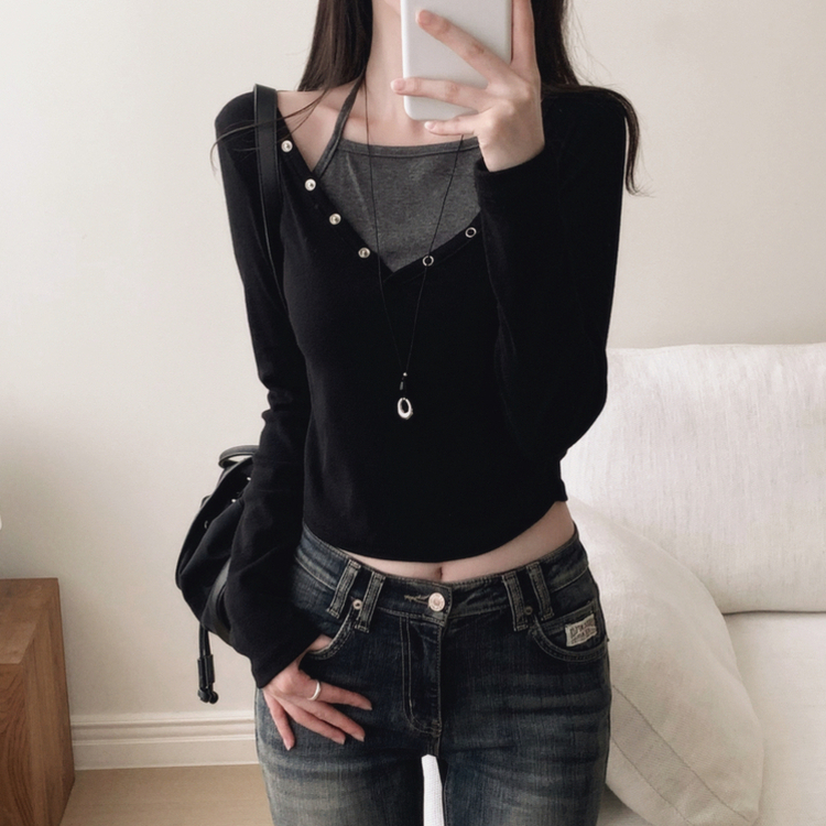 レイヤード二重ホルター長袖Tシャツ BLACK