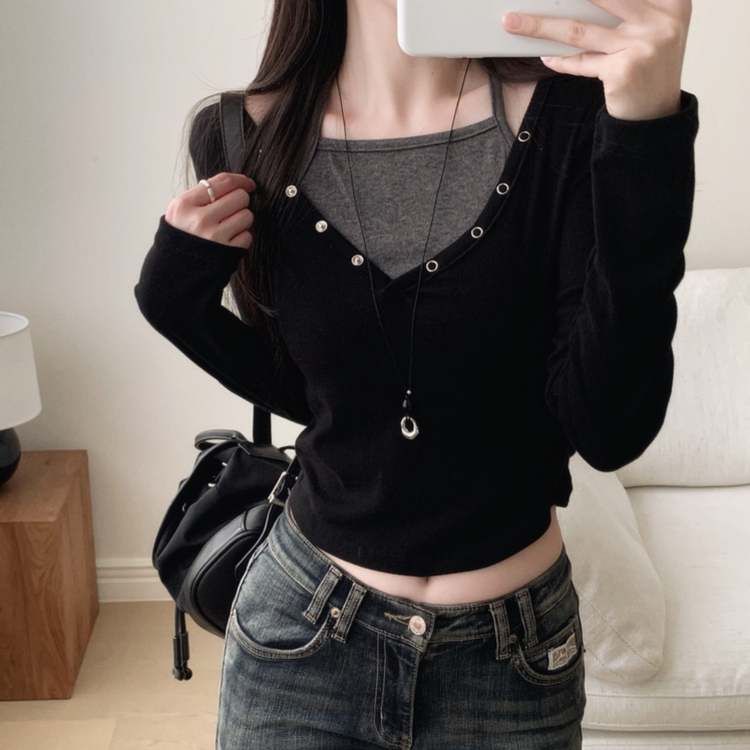 レイヤード二重ホルター長袖Tシャツ BLACK