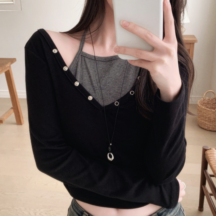 レイヤード二重ホルター長袖Tシャツ BLACK